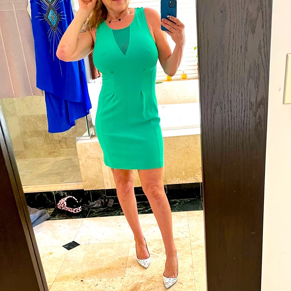 Aiko Mesh Accented Green crepe Dress NWT SZ S